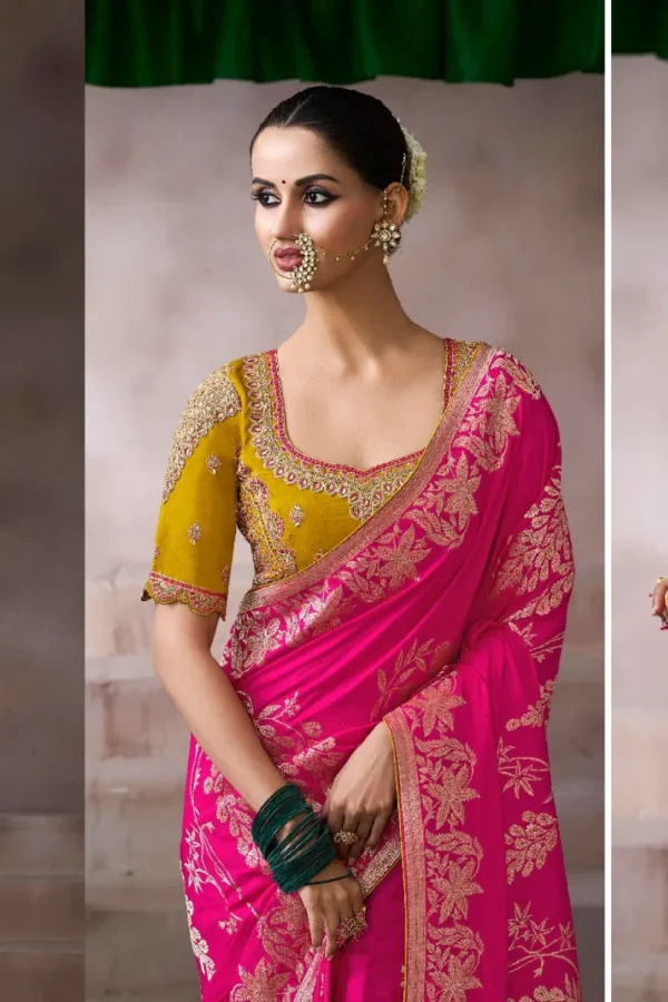 Rani Pink Zari Work Crepe Pre Stitched Saree   7804 (1)
