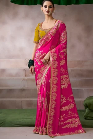 Rani Pink Zari Work Crepe Pre Stitched Saree   7804