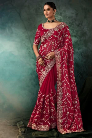 Red Pure Silk Heavy Work Pre Stitched Saree 5543