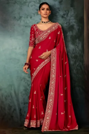Red Pure Silk Heavy Work Pre Stitched Saree 5546