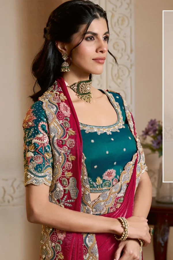 Red Satin Silk Handwork Pre Stitched Saree   25814 (1)