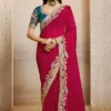 Red Satin Silk Handwork Pre Stitched Saree   25814