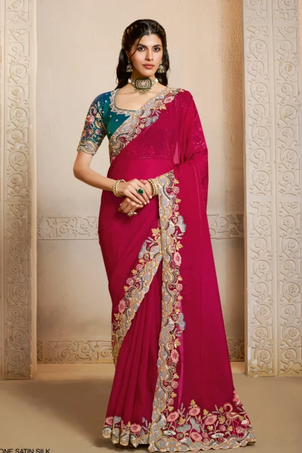 Red Satin Silk Handwork Pre Stitched Saree   25814