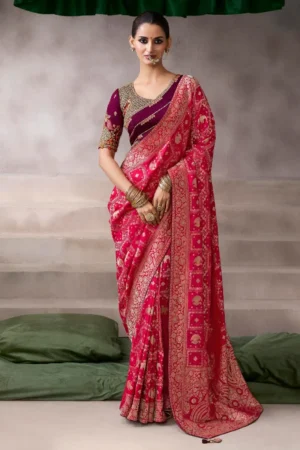 Red Zari Work Crepe Pre Stitched Saree   7806