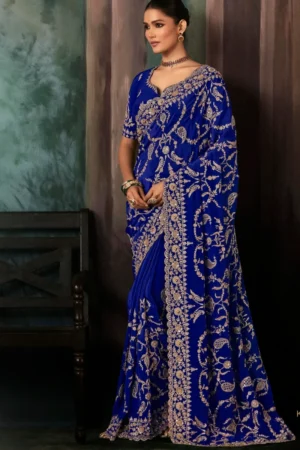 Royal Blue Pure Silk Heavy Work Pre Stitched Saree 5541