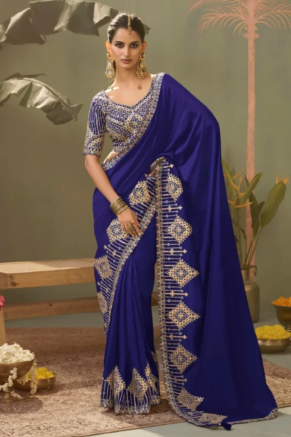Royal Blue Silk Zari Work Ready To Wear Saree   8104