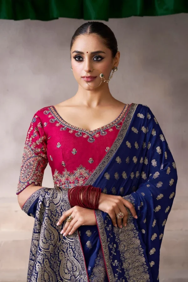 Royal Blue Zari Work Crepe Pre Stitched Saree   7809 (1)