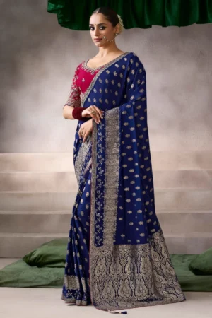 Royal Blue Zari Work Crepe Pre Stitched Saree   7809