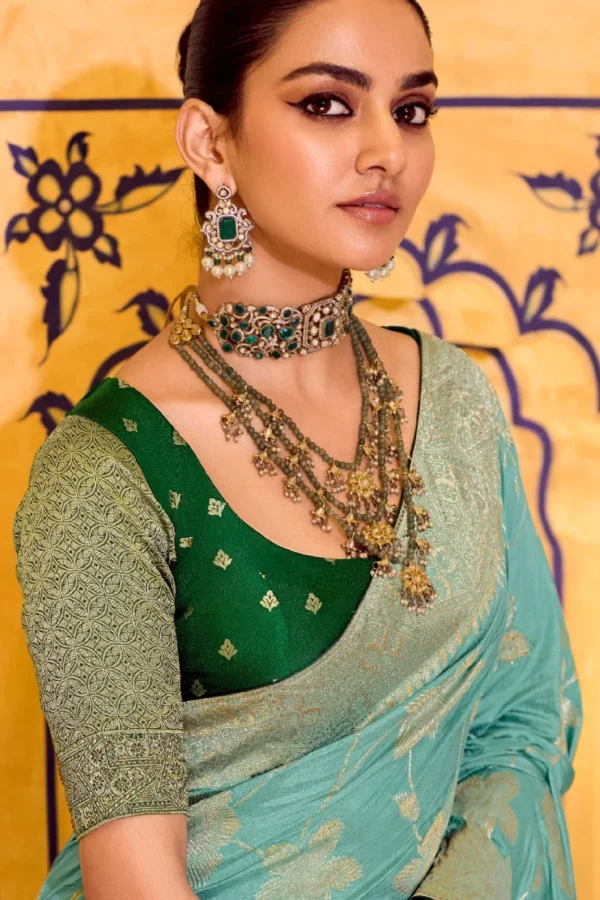 Sea Blue Banarasi Silk Work Pre Stitched Saree 1550 (1)