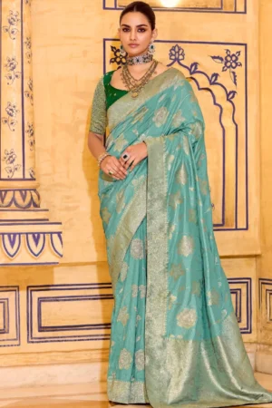 Sea Blue Banarasi Silk Work Pre Stitched Saree 1550
