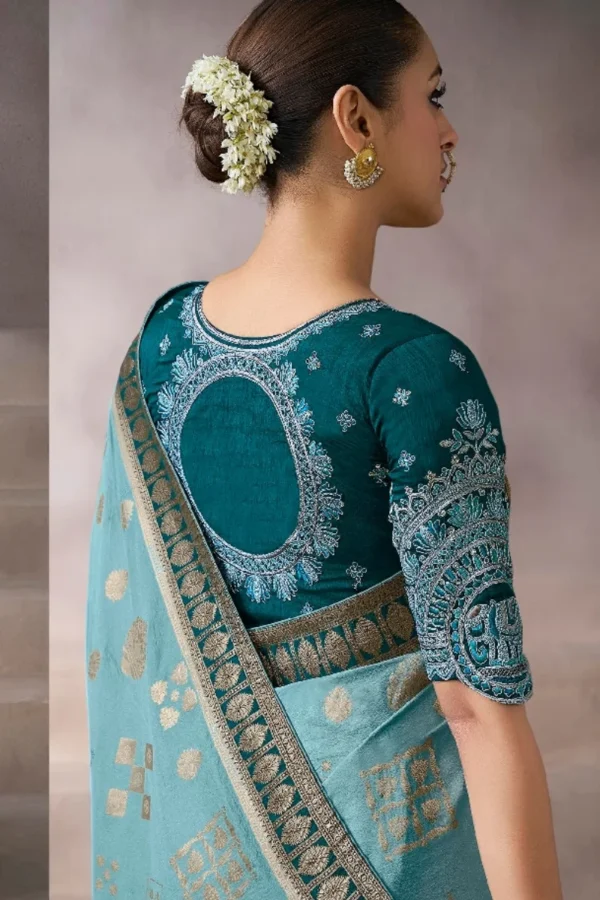 Sea Blue Zari Work Crepe Pre Stitched Saree   7808 (1)