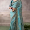 Sea Blue Zari Work Crepe Pre Stitched Saree   7808