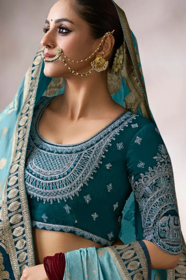 Sea Blue Zari Work Crepe Pre Stitched Saree   7808 (2)