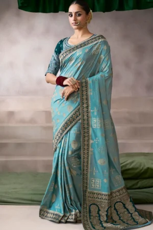 Sea Blue Zari Work Crepe Pre Stitched Saree   7808