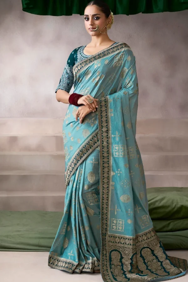 Sea Blue Zari Work Crepe Pre Stitched Saree   7808