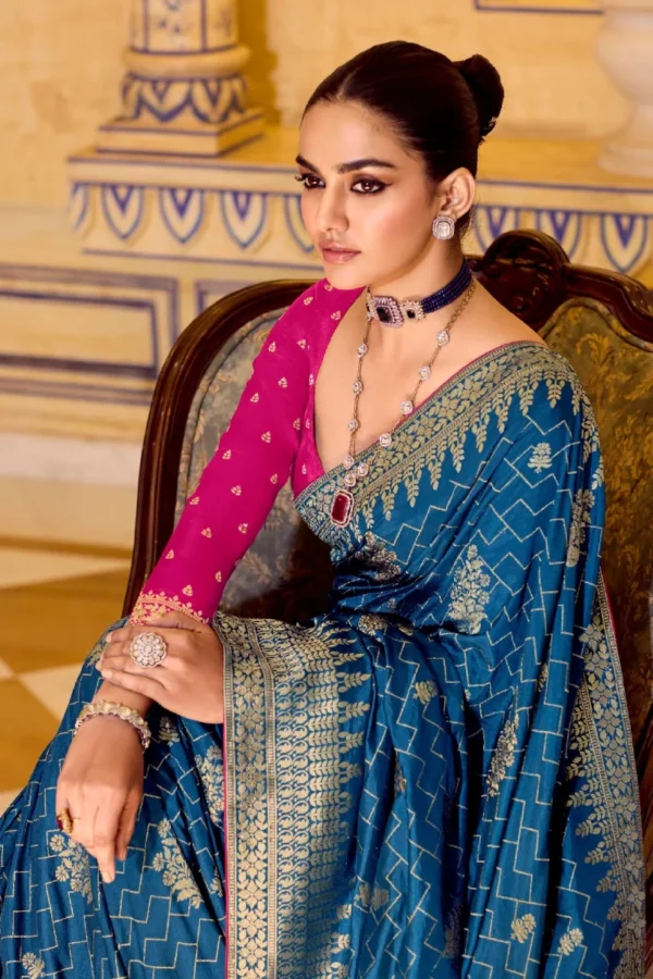 Teal Blue Banarasi Silk Work Pre Stitched Saree 1543 (1)