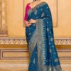 Teal Blue Banarasi Silk Work Pre Stitched Saree 1543