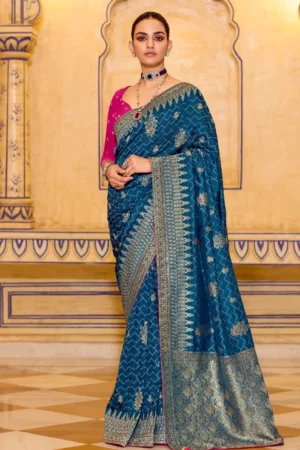 Teal Blue Banarasi Silk Work Pre Stitched Saree 1543