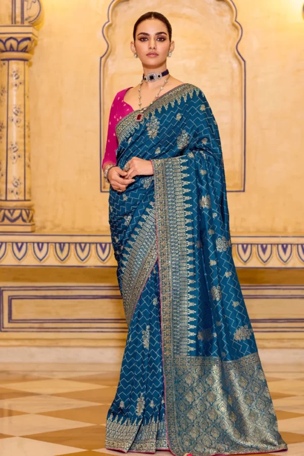Teal Blue Banarasi Silk Work Pre Stitched Saree 1543