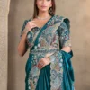 Teal Blue Satin Silk Heavy Work One Minute Saree   25823 (1)