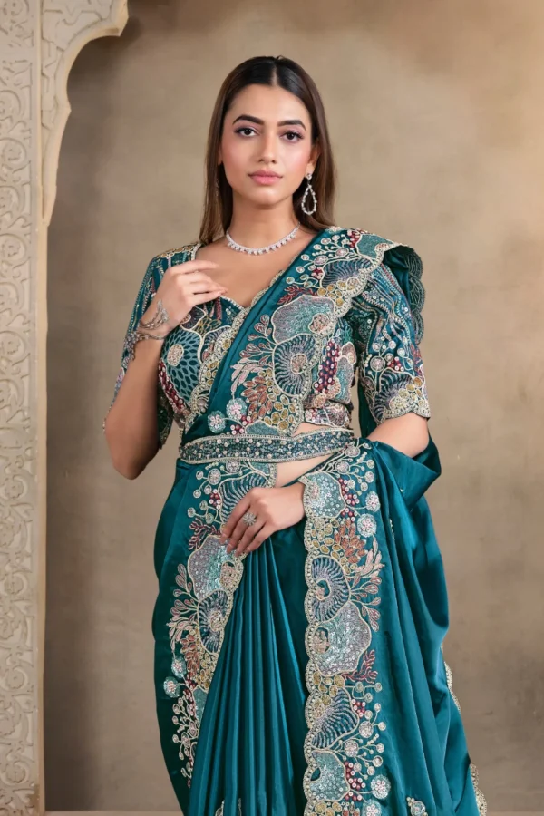 Teal Blue Satin Silk Heavy Work One Minute Saree   25823 (1)