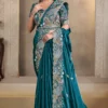 Teal Blue Satin Silk Heavy Work One Minute Saree   25823
