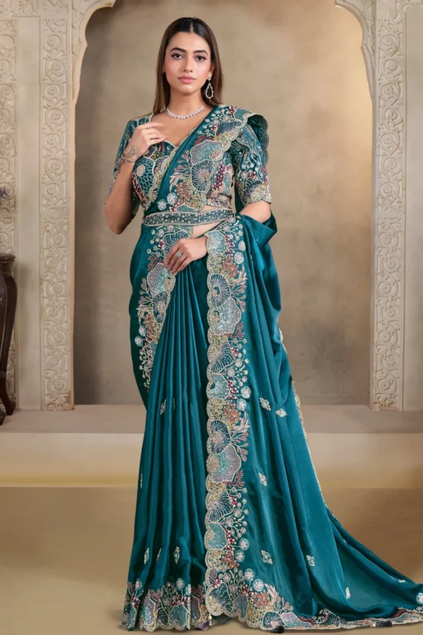 Teal Blue Satin Silk Heavy Work One Minute Saree   25823