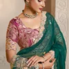 Teal Green Organza Satin Heavy Work One Minute Saree   25810 (1)