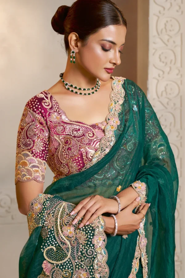 Teal Green Organza Satin Heavy Work One Minute Saree   25810 (1)