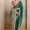 Teal Green Organza Satin Heavy Work One Minute Saree   25810