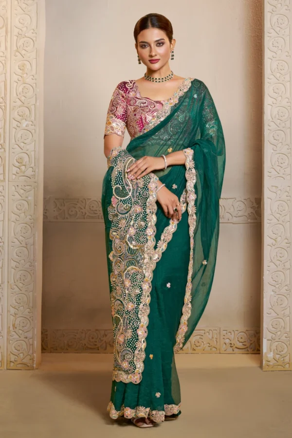 Teal Green Organza Satin Heavy Work One Minute Saree   25810