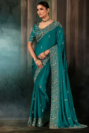 Turquoise Pure Silk Heavy Work Pre Stitched Saree 5544