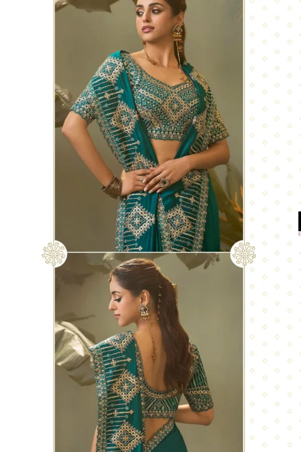 Turquoise Silk Zari Work Ready To Wear Saree   8105 (1)