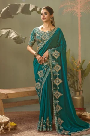 Turquoise Silk Zari Work Ready To Wear Saree   8105