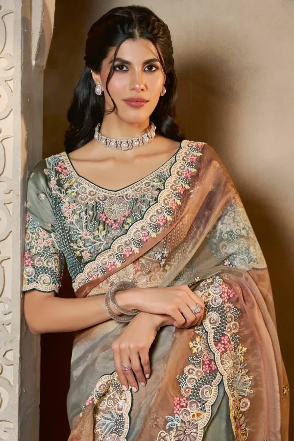 Two Shaded Organza Satin Handwork One Minute Saree   25820 (1)