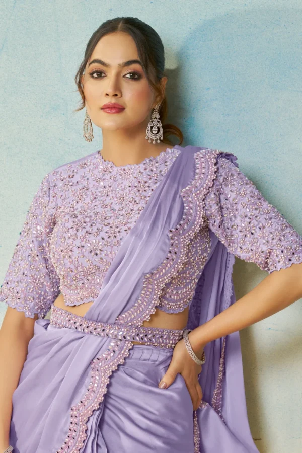 Violet Satin Silk Heavy Embroidered Ready To Wear Saree  25708 (1)