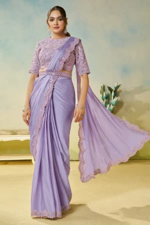 Violet Satin Silk Heavy Embroidered Ready To Wear Saree  25708