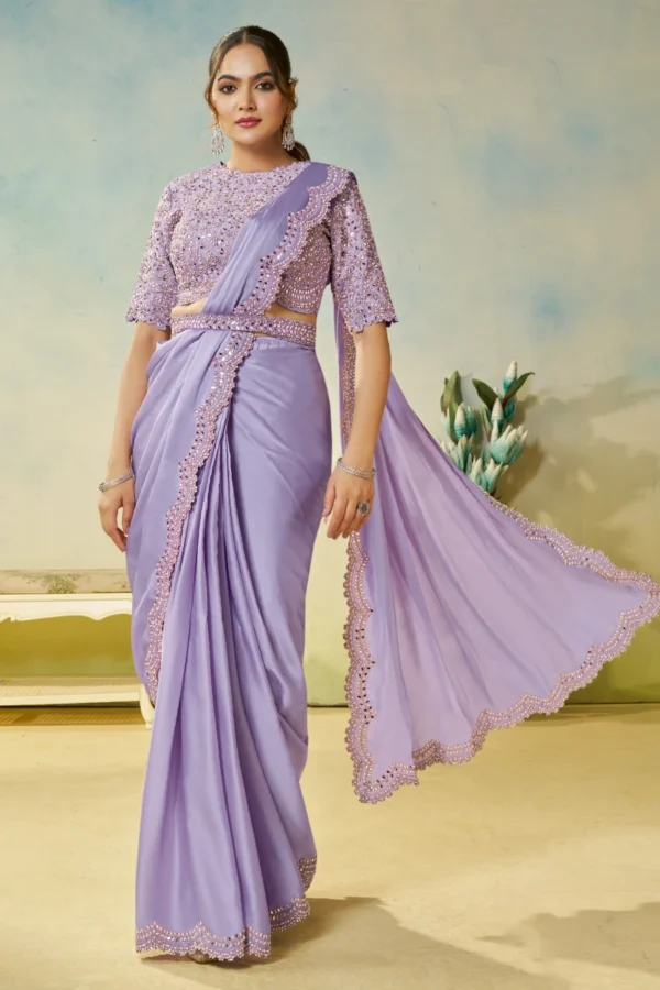 Violet Satin Silk Heavy Embroidered Ready To Wear Saree  25708