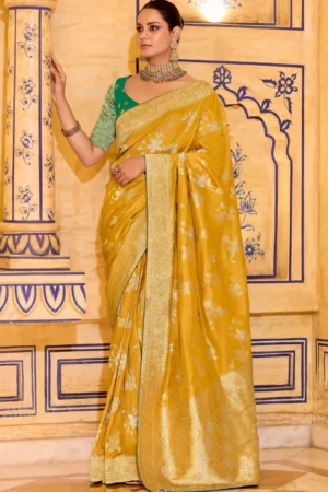 Yellow Banarasi Silk Work Pre Stitched Saree 1545