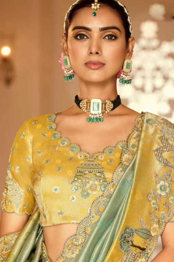 Yellow & Green Pure Jacquard Silk Pre Stitched Saree   7801 (1)