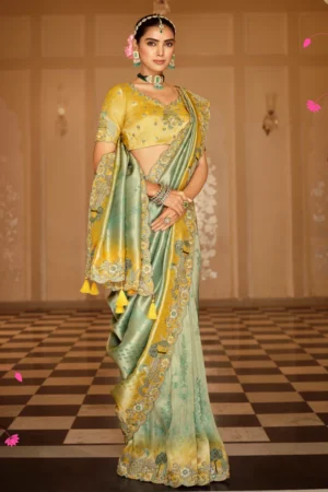 Yellow & Green Pure Jacquard Silk Pre Stitched Saree   7801