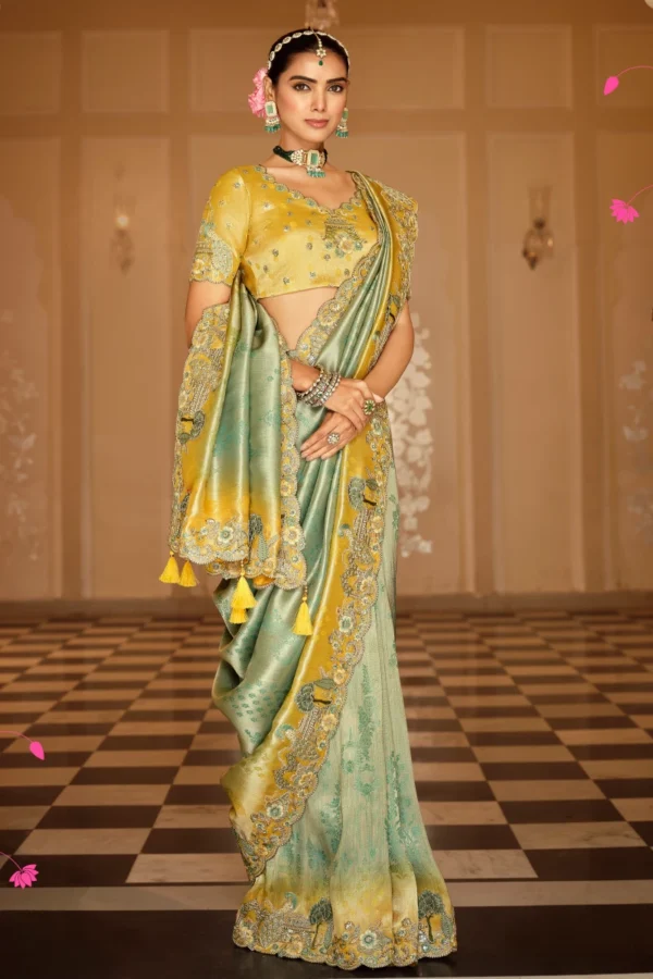 Yellow & Green Pure Jacquard Silk Pre Stitched Saree   7801