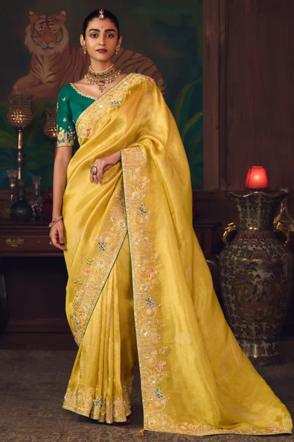 Yellow Heavy Embroidered Silk Saree 464