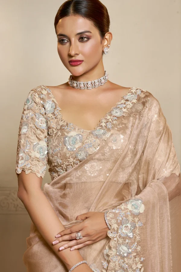 Champagne Gold Organza Crush Handwork Pre Stitched Saree   25816 (1)