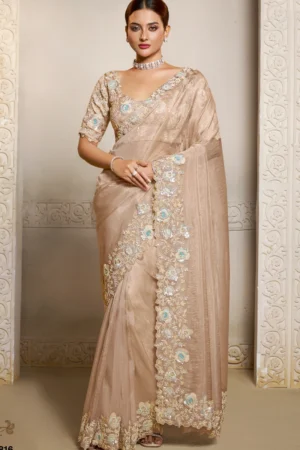 Champagne Gold Organza Crush Handwork Pre Stitched Saree   25816