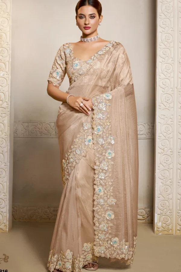 Champagne Gold Organza Crush Handwork Pre Stitched Saree   25816