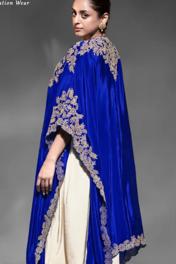 Cream Crepe Embroidered Skirt Top With Blue Cape 2683 (1)