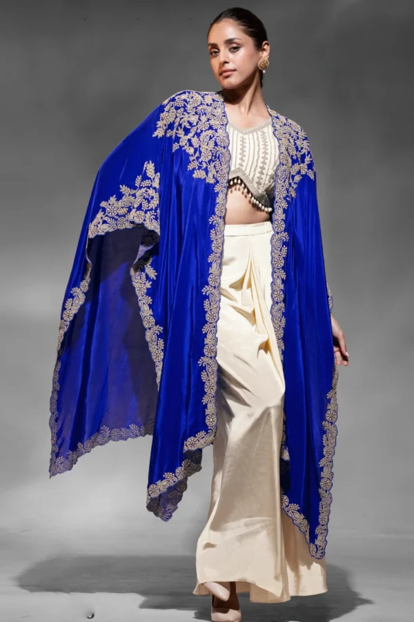 Cream Crepe Embroidered Skirt Top With Blue Cape 2683