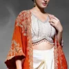 Cream Crepe Embroidered Skirt Top With Orange Cape 2682 (1)