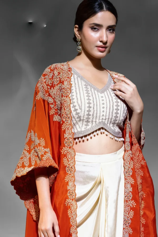 Cream Crepe Embroidered Skirt Top With Orange Cape 2682 (1)
